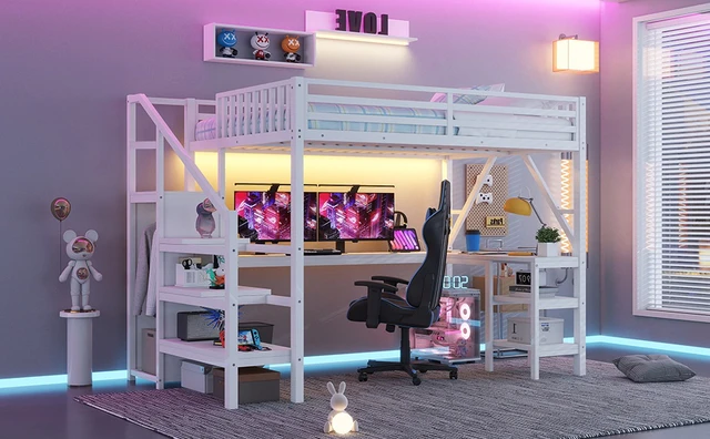 Alt view image 7 of 7 - Metal Full Loft Bed with Wardrobe and LED Light, Full Size Loft Bed with L Shaped Desk and USB for Kids Teens Adults, White
