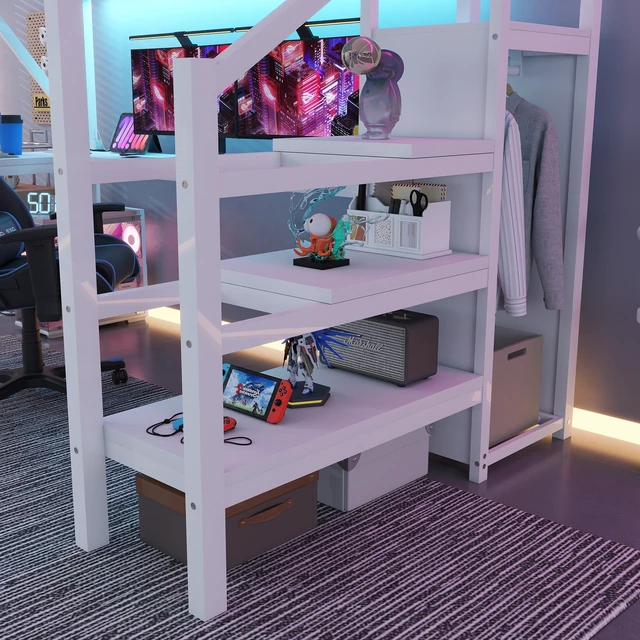 Alt view image 5 of 7 - Metal Full Loft Bed with Wardrobe and LED Light, Full Size Loft Bed with L Shaped Desk and USB for Kids Teens Adults, White