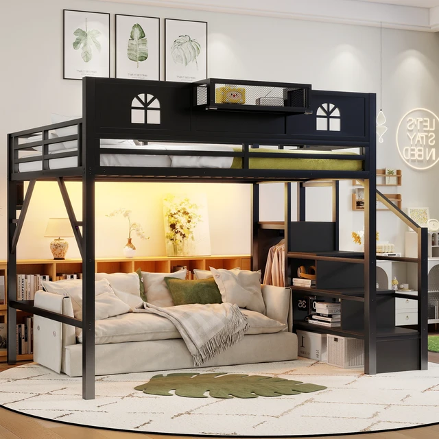 Alt view image 2 of 7 - Queen Size Loft Bed with Stairs, Metal Queen Loft Bed with High and House Shaped Guardrails, High Loft Bed with Wardrobe for Kids Teens, black