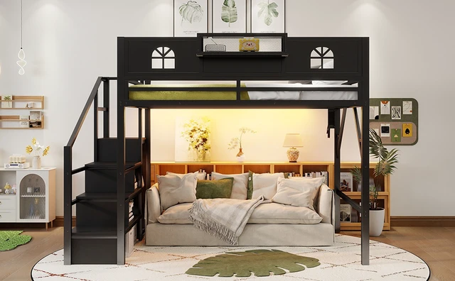 Alt view image 5 of 7 - Queen Size Loft Bed with Stairs, Metal Queen Loft Bed with High and House Shaped Guardrails, High Loft Bed with Wardrobe for Kids Teens, black
