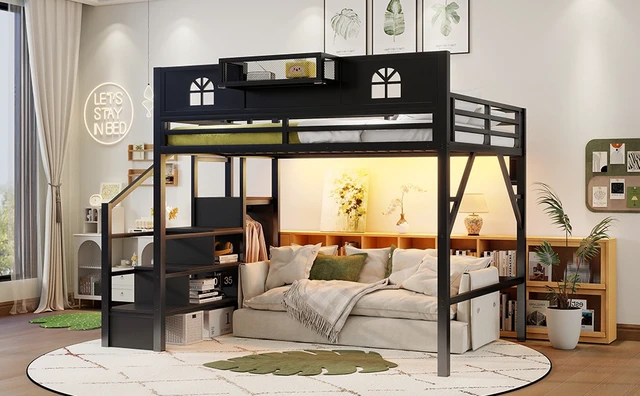 Alt view image 6 of 7 - Queen Size Loft Bed with Stairs, Metal Queen Loft Bed with High and House Shaped Guardrails, High Loft Bed with Wardrobe for Kids Teens, black