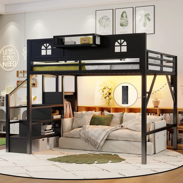 Alt view image 3 of 7 - Queen Size Loft Bed with Stairs, Metal Queen Loft Bed with High and House Shaped Guardrails, High Loft Bed with Wardrobe for Kids Teens, black