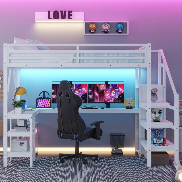 Alt view image 4 of 7 - Metal Full Loft Bed with Wardrobe and LED Light, Full Size Loft Bed with L Shaped Desk and USB for Kids Teens Adults, White