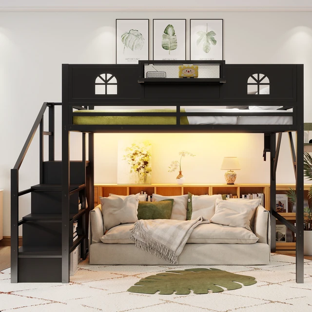 Alt view image 4 of 7 - Queen Size Loft Bed with Stairs, Metal Queen Loft Bed with High and House Shaped Guardrails, High Loft Bed with Wardrobe for Kids Teens, black