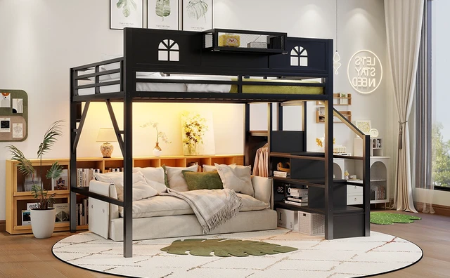 Alt view image 7 of 7 - Queen Size Loft Bed with Stairs, Metal Queen Loft Bed with High and House Shaped Guardrails, High Loft Bed with Wardrobe for Kids Teens, black