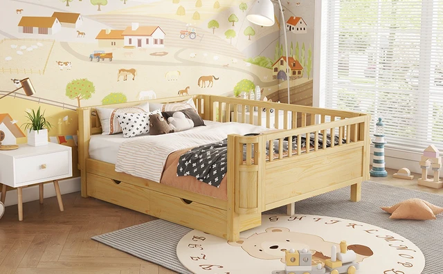 Alt view image 5 of 7 - Full Size Wood Platform Bed for Kids, Wood Low Profile Full Bed with Rails for Girls and Boys, Natural (Patented Design) ,Old SKU W2593P409119 Expect Arrival Date 2026/7/10
