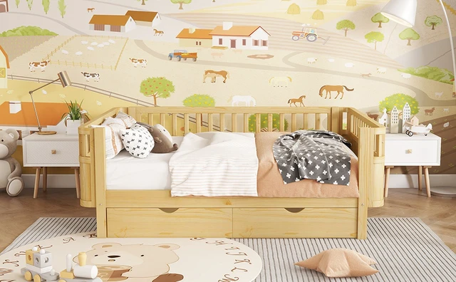 Alt view image 7 of 7 - Full Size Wood Platform Bed for Kids, Wood Low Profile Full Bed with Rails for Girls and Boys, Natural (Patented Design) ,Old SKU W2593P409119 Expect Arrival Date 2026/7/10