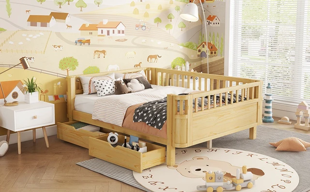 Alt view image 6 of 7 - Full Size Wood Platform Bed for Kids, Wood Low Profile Full Bed with Rails for Girls and Boys, Natural (Patented Design) ,Old SKU W2593P409119 Expect Arrival Date 2026/7/10