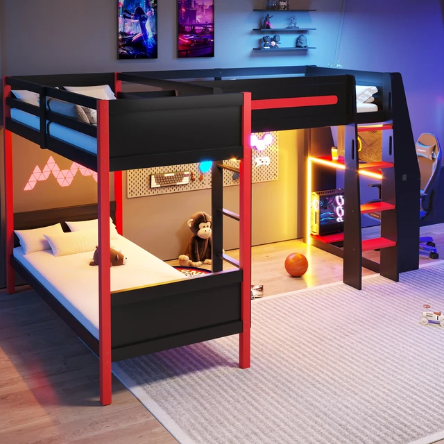 Alt view image 3 of 7 - L-Shaped Twin Size Bunk Bed with Twin Size Gaming Loft Bed, Built-in Desk, Shelves and LED, Black+Red