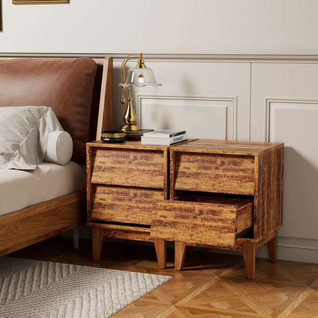 Main image of 2 Set Nightstands Features Vintage-style and Bevel Design, Made of MDF, Mid Century Modern Nightstand, Night Stand for Bedroom