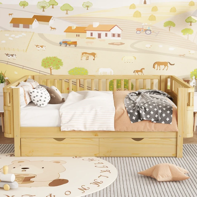 Alt view image 3 of 7 - Full Size Wood Platform Bed for Kids, Wood Low Profile Full Bed with Rails for Girls and Boys, Natural (Patented Design) ,Old SKU W2593P409119 Expect Arrival Date 2026/7/10