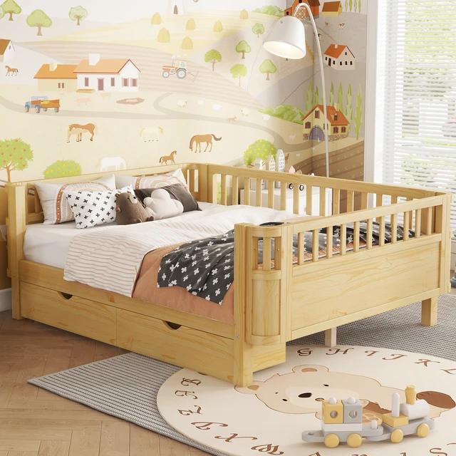 Alt view image 2 of 7 - Full Size Wood Platform Bed for Kids, Wood Low Profile Full Bed with Rails for Girls and Boys, Natural (Patented Design) ,Old SKU W2593P409119 Expect Arrival Date 2026/7/10