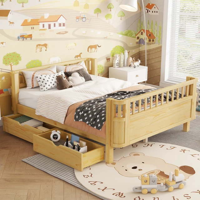 Alt view image 4 of 7 - Full Size Wood Platform Bed for Kids, Wood Low Profile Full Bed with Rails for Girls and Boys, Natural (Patented Design) ,Old SKU W2593P409119 Expect Arrival Date 2026/7/10
