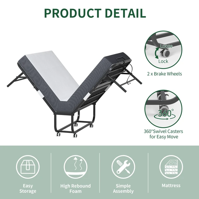 Alt view image 4 of 7 - 75" x 38" Inch Extra Long Folding Bed for Tall People, Heavy-Duty 450lbs Capacity Rollaway Guest Bed with 5" Memory Foam Mattress, Portable Space Saving Twin Size Bed
