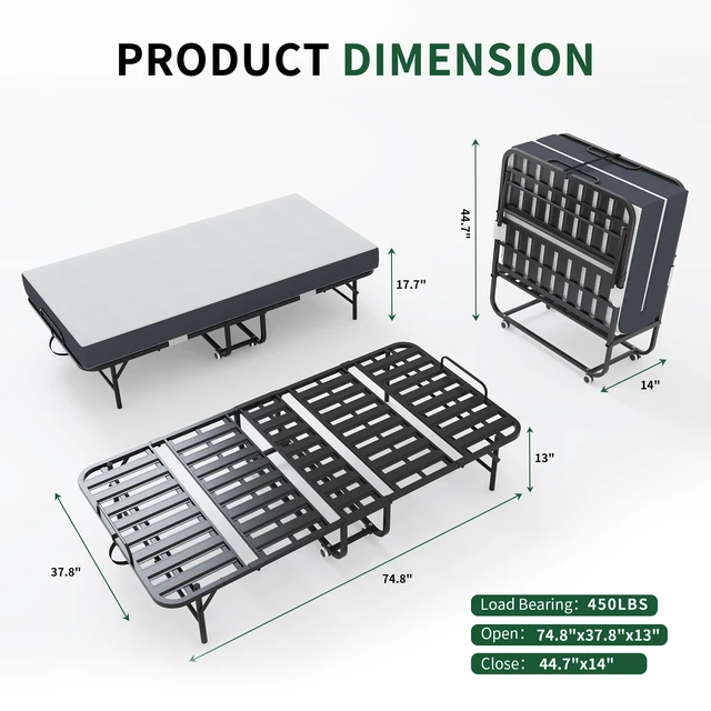 Alt view image 2 of 7 - 75" x 38" Inch Extra Long Folding Bed for Tall People, Heavy-Duty 450lbs Capacity Rollaway Guest Bed with 5" Memory Foam Mattress, Portable Space Saving Twin Size Bed