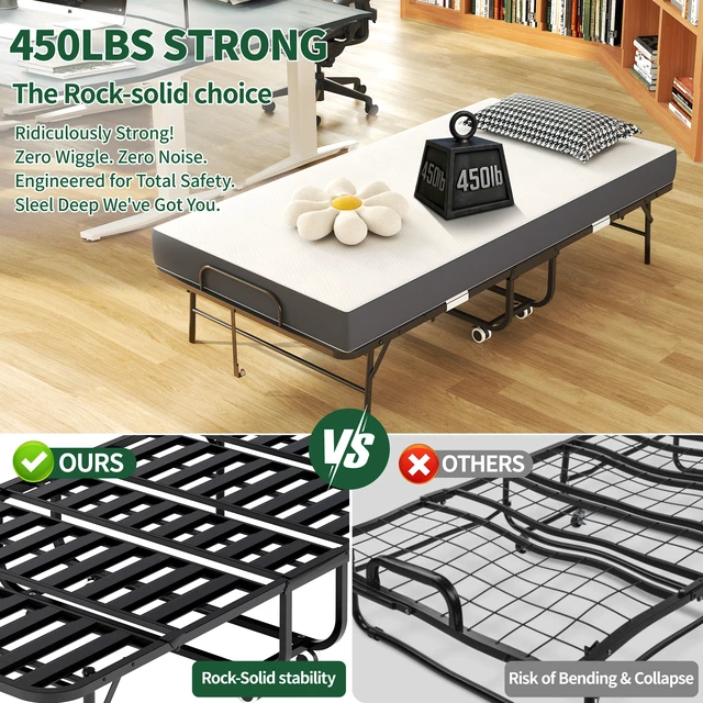 Alt view image 7 of 7 - 75" x 38" Inch Extra Long Folding Bed for Tall People, Heavy-Duty 450lbs Capacity Rollaway Guest Bed with 5" Memory Foam Mattress, Portable Space Saving Twin Size Bed