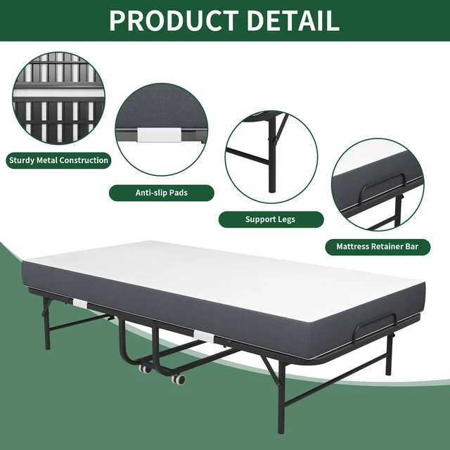 Alt view image 5 of 7 - 75" x 38" Inch Extra Long Folding Bed for Tall People, Heavy-Duty 450lbs Capacity Rollaway Guest Bed with 5" Memory Foam Mattress, Portable Space Saving Twin Size Bed