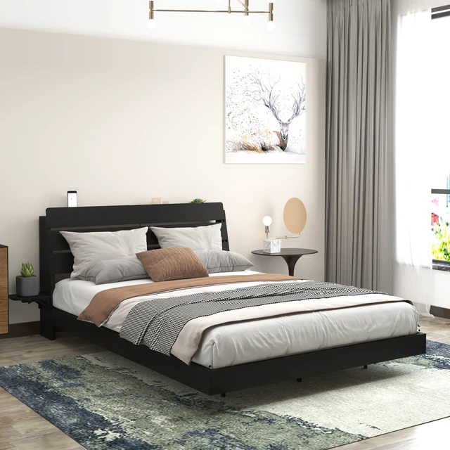 Main image of Floating Bed Frame Queen with Led Lights and Charging Station, Wood Queen Size Bed Frame with Storage Headboard, No Box Spring Needed, Easy Assembly,Black.