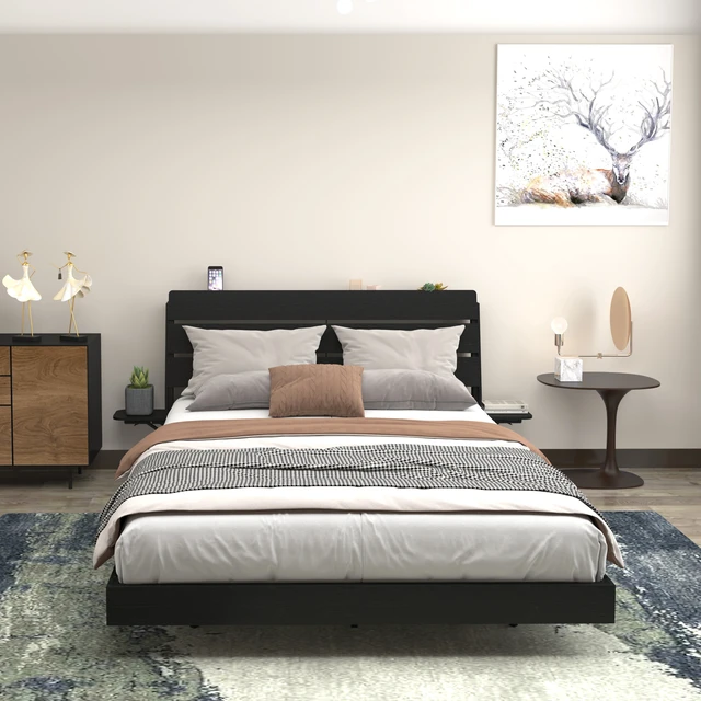 Alt view image 5 of 7 - Floating Bed Frame Queen with Led Lights and Charging Station, Wood Queen Size Bed Frame with Storage Headboard, No Box Spring Needed, Easy Assembly,Black.