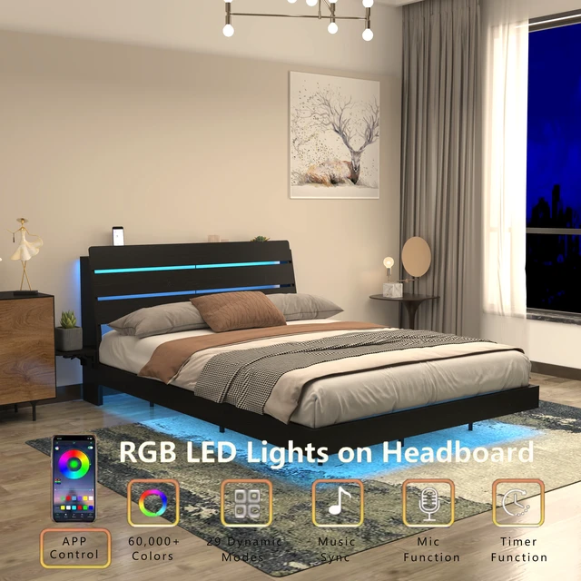 Alt view image 2 of 7 - Floating Bed Frame Queen with Led Lights and Charging Station, Wood Queen Size Bed Frame with Storage Headboard, No Box Spring Needed, Easy Assembly,Black.