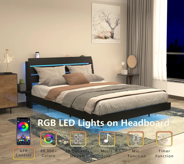 Alt view image 4 of 7 - Floating Bed Frame Queen with Led Lights and Charging Station, Wood Queen Size Bed Frame with Storage Headboard, No Box Spring Needed, Easy Assembly,Black.
