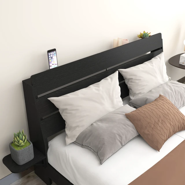 Alt view image 6 of 7 - Floating Bed Frame Queen with Led Lights and Charging Station, Wood Queen Size Bed Frame with Storage Headboard, No Box Spring Needed, Easy Assembly,Black.