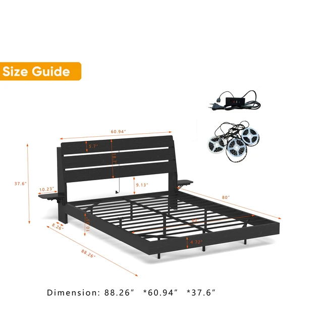 Alt view image 3 of 7 - Floating Bed Frame Queen with Led Lights and Charging Station, Wood Queen Size Bed Frame with Storage Headboard, No Box Spring Needed, Easy Assembly,Black.