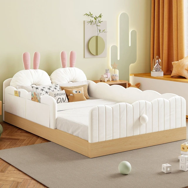 Main image of Twin Size Upholstered Platform Bed with Pillows and Storage Bags, Beige
