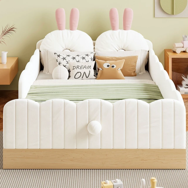 Alt view image 2 of 7 - Twin Size Upholstered Platform Bed with Pillows and Storage Bags, Beige