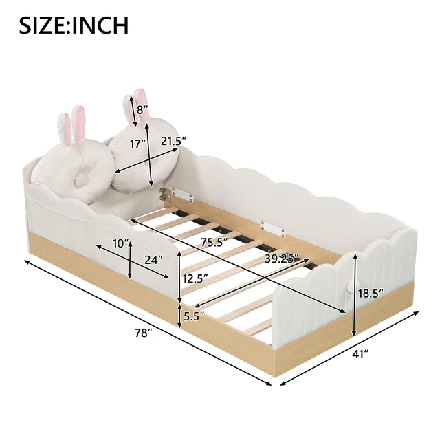 Alt view image 7 of 7 - Twin Size Upholstered Platform Bed with Pillows and Storage Bags, Beige