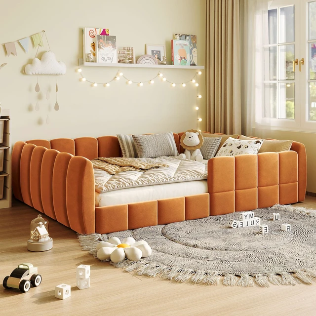Main image of Full Size Velvet Upholstered Floor Bed, Pumpkin Orange