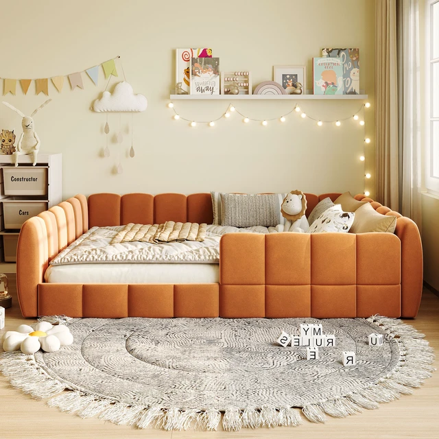 Alt view image 2 of 7 - Full Size Velvet Upholstered Floor Bed, Pumpkin Orange