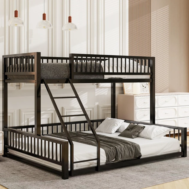 Main image of Twin XL over Queen Floor Bunk Bed Frame with Ladder and Safety Guardrails, Easy Assemble, Black