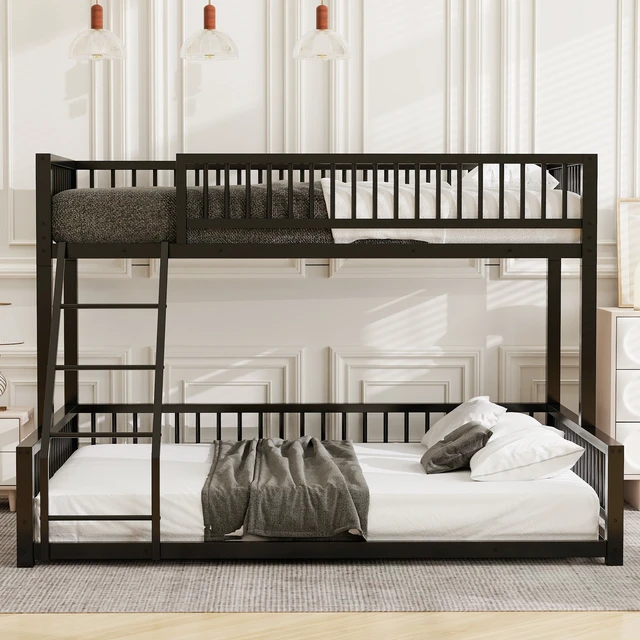 Alt view image 2 of 7 - Twin XL over Queen Floor Bunk Bed Frame with Ladder and Safety Guardrails, Easy Assemble, Black