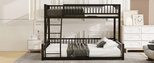 Alt view image 7 of 7 - Twin XL over Queen Floor Bunk Bed Frame with Ladder and Safety Guardrails, Easy Assemble, Black