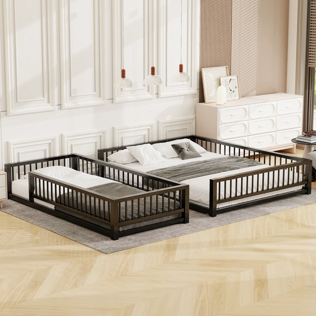 Alt view image 3 of 7 - Twin XL over Queen Floor Bunk Bed Frame with Ladder and Safety Guardrails, Easy Assemble, Black