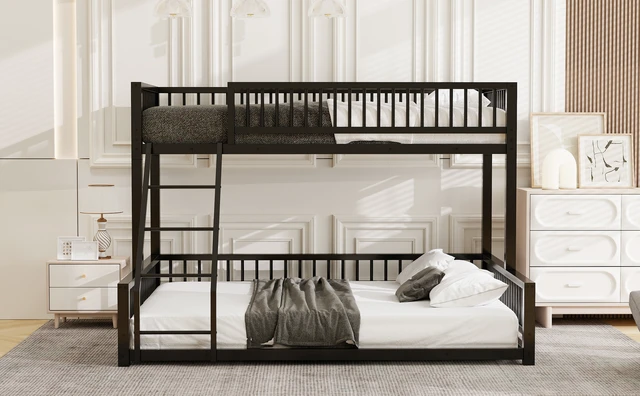 Alt view image 4 of 7 - Twin XL over Queen Floor Bunk Bed Frame with Ladder and Safety Guardrails, Easy Assemble, Black
