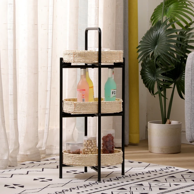 Alt view image 2 of 7 - 3 Tiers Tray Tables Paper Rope Woven Side Table for Living Room Kitchen Oval Storage Basket Small Shelves (Natural)