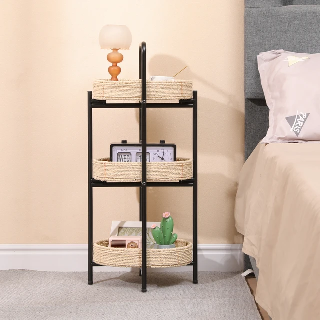 Alt view image 3 of 7 - 3 Tiers Tray Tables Paper Rope Woven Side Table for Living Room Kitchen Oval Storage Basket Small Shelves (Natural)