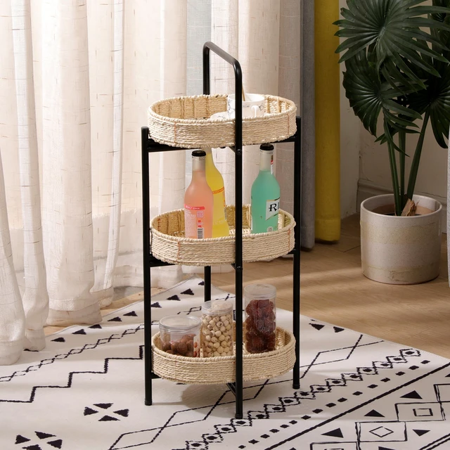 Main image of 3 Tiers Tray Tables Paper Rope Woven Side Table for Living Room Kitchen Oval Storage Basket Small Shelves (Natural)