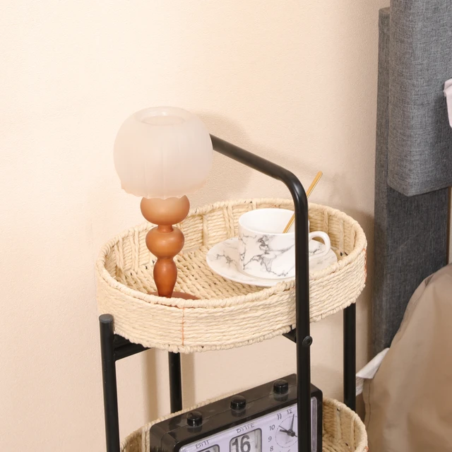 Alt view image 4 of 7 - 3 Tiers Tray Tables Paper Rope Woven Side Table for Living Room Kitchen Oval Storage Basket Small Shelves (Natural)