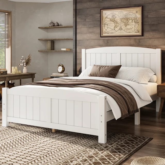 Alt view image 2 of 7 - Full Size Platform Bed, Solid Wood Platform Bed with Support Slats and Strong Structure, No Box Spring Needed, White