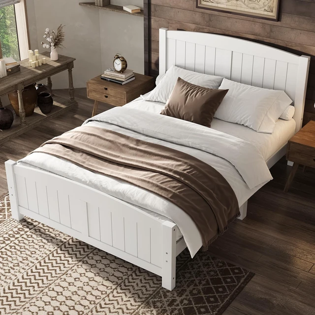 Main image of Full Size Platform Bed, Solid Wood Platform Bed with Support Slats and Strong Structure, No Box Spring Needed, White