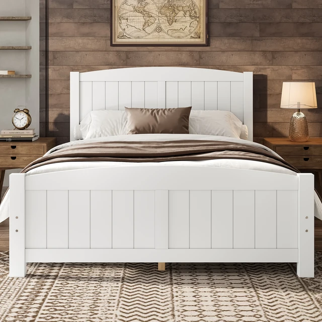 Alt view image 3 of 7 - Full Size Platform Bed, Solid Wood Platform Bed with Support Slats and Strong Structure, No Box Spring Needed, White