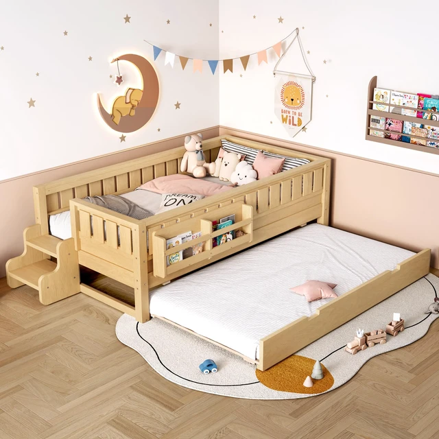 Main image of Twin with built-in bookshelves and small staircase, high-quality safety rails, and Trundle,Light Natural