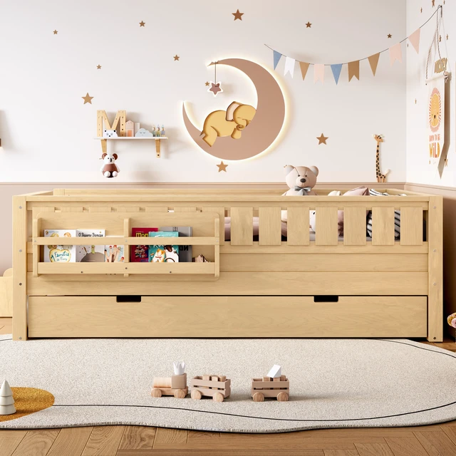 Alt view image 2 of 7 - Twin with built-in bookshelves and small staircase, high-quality safety rails, and Trundle,Light Natural