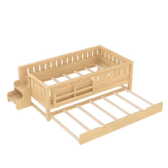Alt view image 6 of 7 - Twin with built-in bookshelves and small staircase, high-quality safety rails, and Trundle,Light Natural