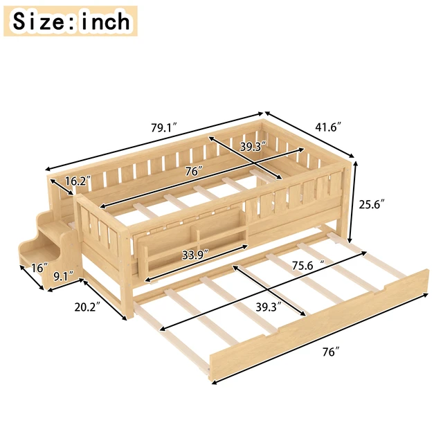 Alt view image 4 of 7 - Twin with built-in bookshelves and small staircase, high-quality safety rails, and Trundle,Light Natural