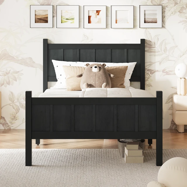 Main image of Twin Size Flat Panel Bed with Headboard & Footboard, Minimalist Modern Platform Bed with Wood Grain Finish, Shaker and Farmhouse Style Design, Sleek and Functional Bedroom Furniture,Black