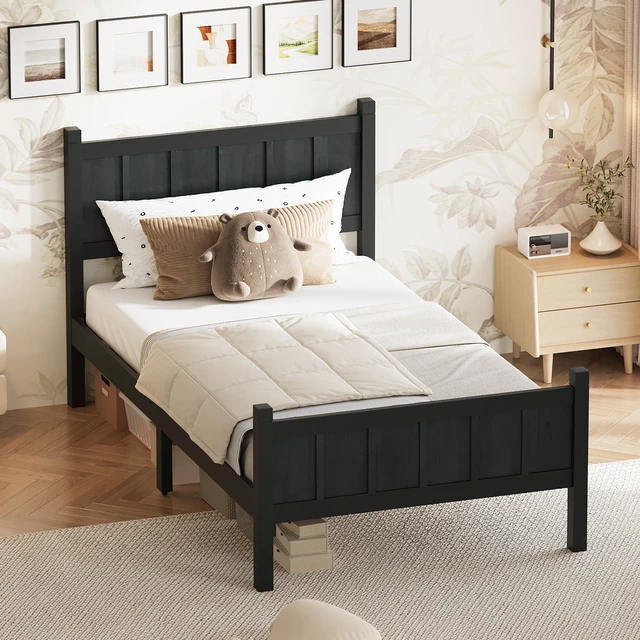 Alt view image 3 of 7 - Twin Size Flat Panel Bed with Headboard & Footboard, Minimalist Modern Platform Bed with Wood Grain Finish, Shaker and Farmhouse Style Design, Sleek and Functional Bedroom Furniture,Black